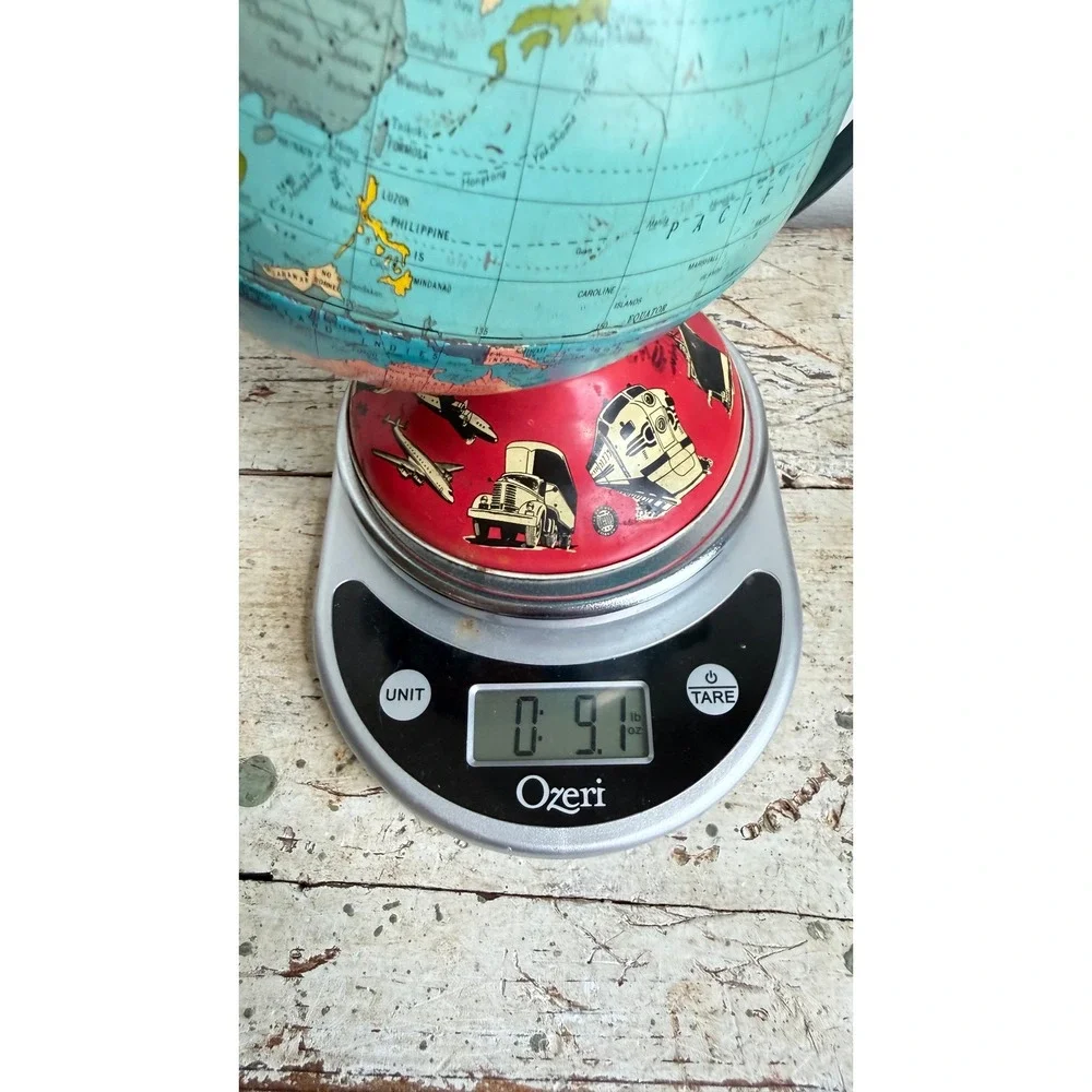 Vintage Ohio Art Co Tin Litho World Globe Red Transportation Base